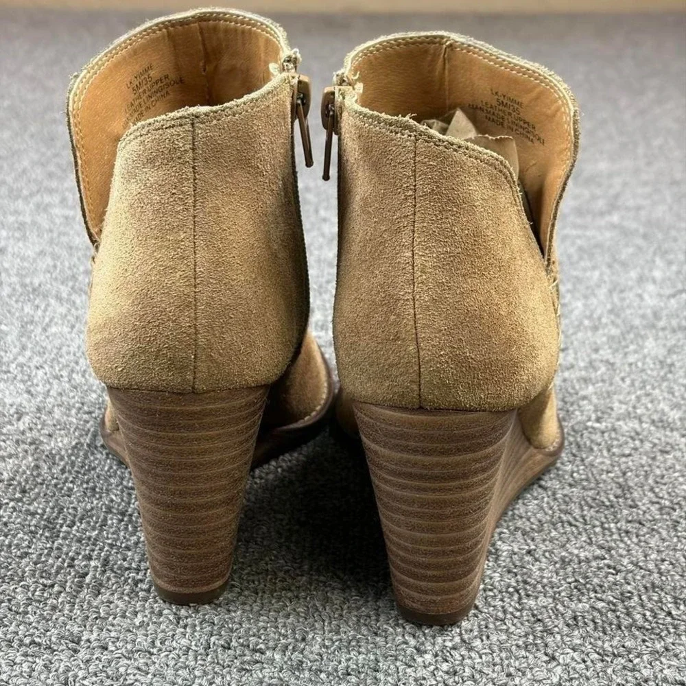 Lucky Brand Brown Leather Wedge Heel Pull On Side Zip Booties Boots Women's Sz 5